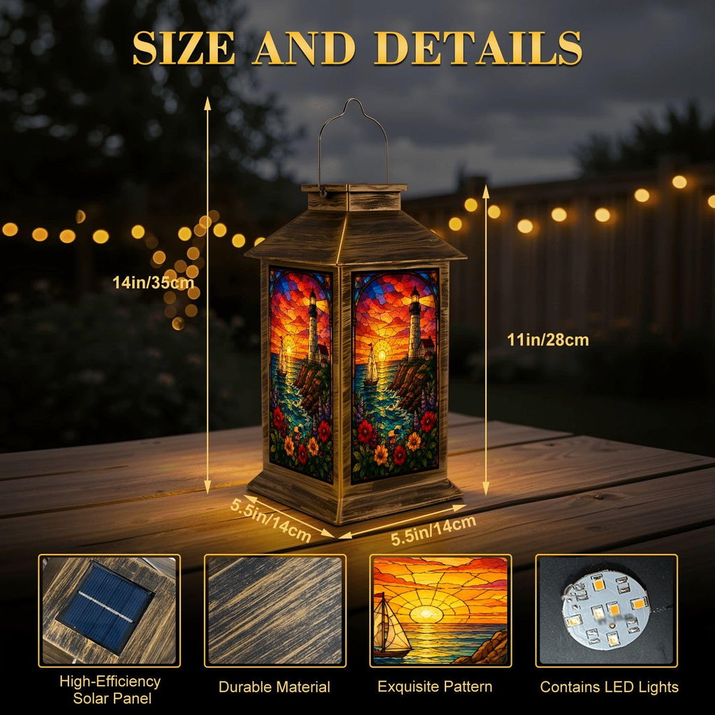 Solar Lantern Outdoor Waterproof Stained Glass Effect LED Hanging Tabletop Lamp I962676