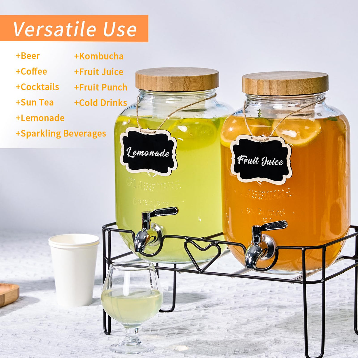 2 Pack 1 Gallon Glass Drink Dispenser with Stand and Fruit Infuser L47462