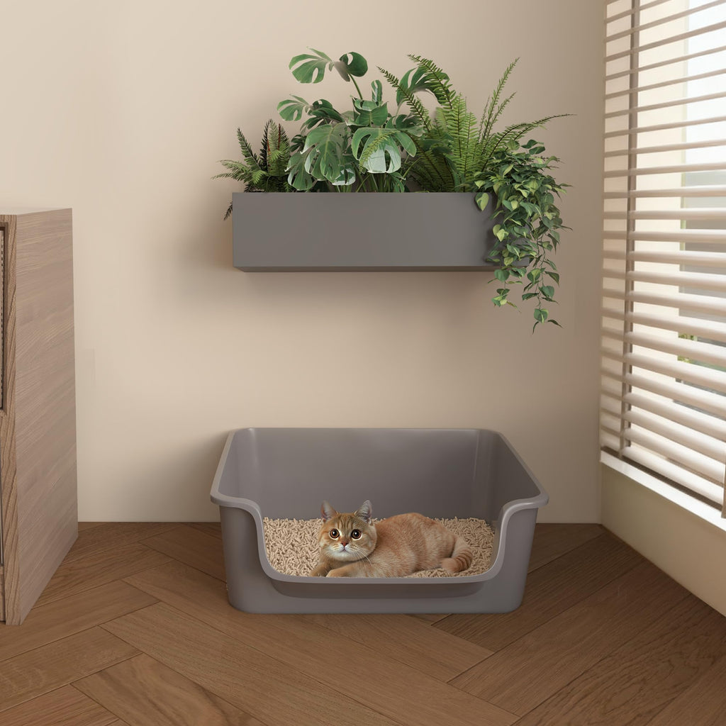 Open-Top High Sides Cat Litter Box with Low Entrance R473156