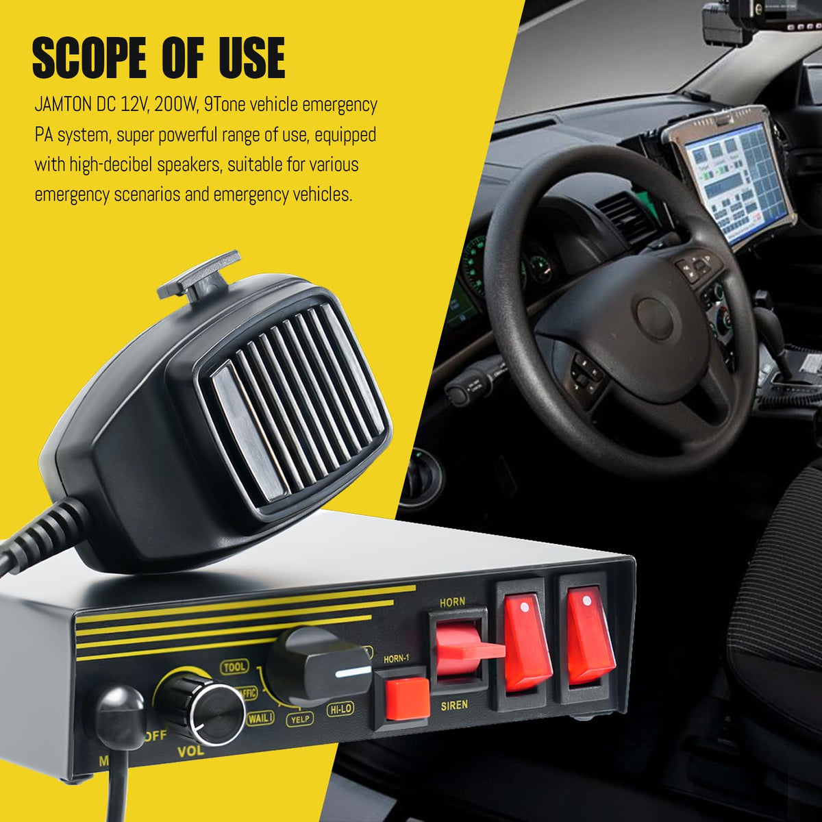 200W 12V 9 Tone Emergency Siren System with Loud Speaker Horn and Handheld Microphone H7837