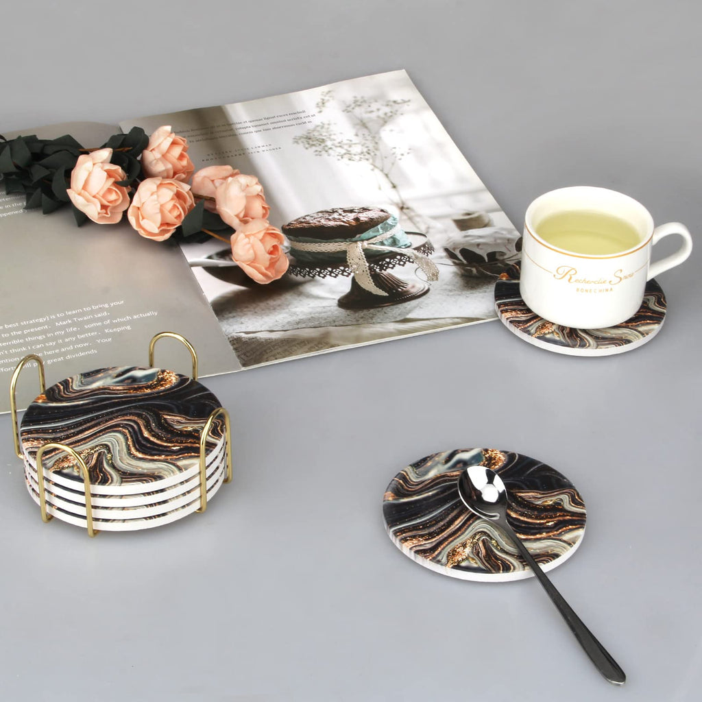 Black and Gold Marble Coasters with Holder G387