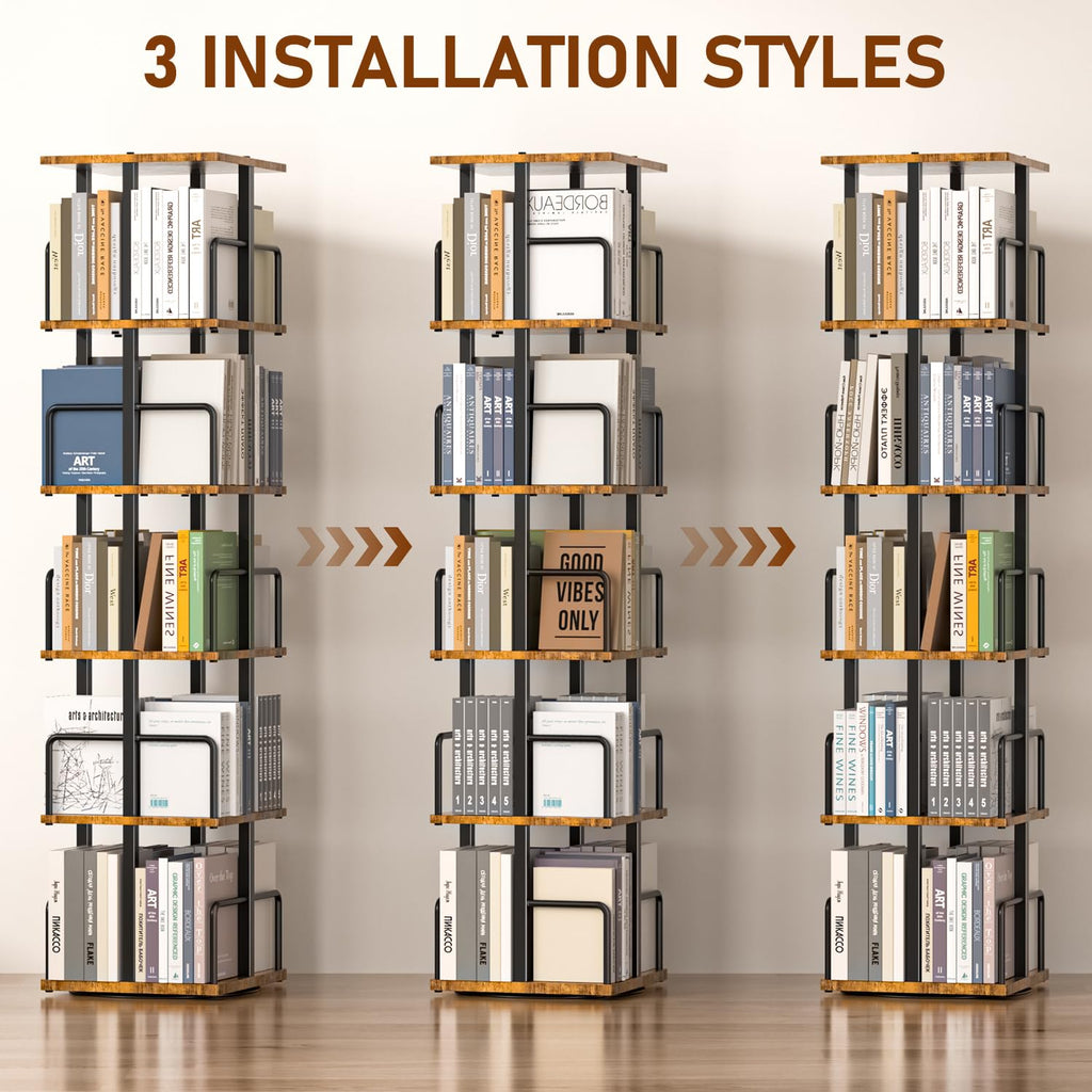 5-Tier Rotating Bookshelf with Metal Guardrails I726640