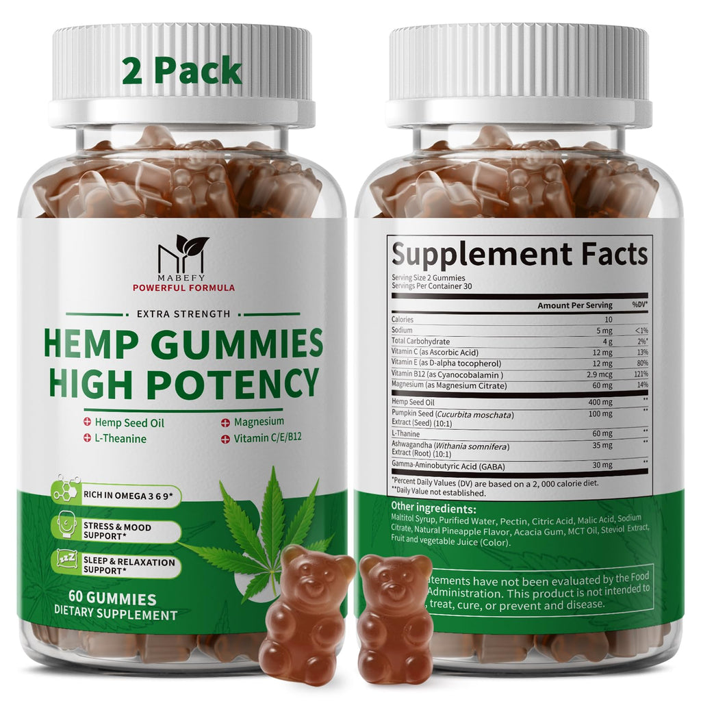 2 Pack Hemp Gummies with Magnesium, Vitamins, Pumpkin Seed, Ashwagandha, GABA, L-Theanine, Pineapple Flavor, 120 Bears, Vegan M1444
