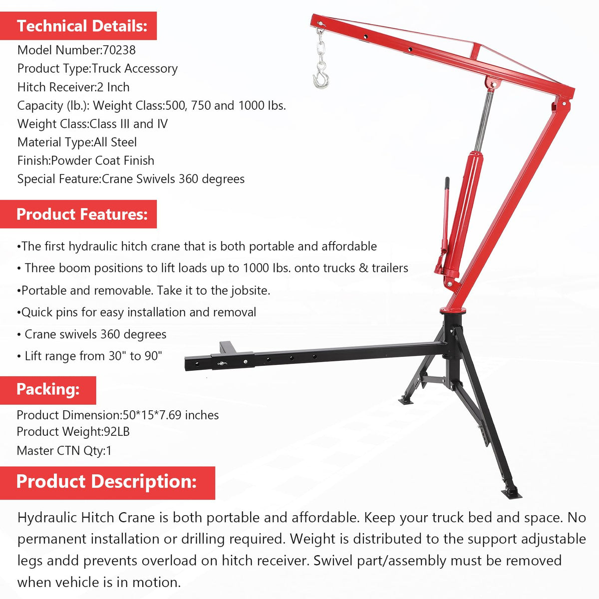 1000 Lbs Hydraulic Hitch Mounted Truck Crane W97148