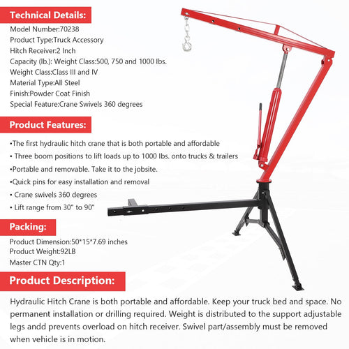 1000 Lbs Hydraulic Hitch Mounted Truck Crane W97148