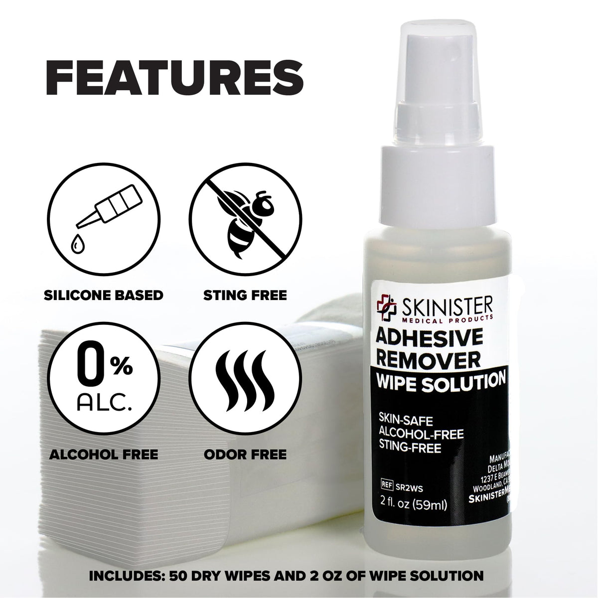 Adhesive Remover Wipes 50 Dry Wipes + 2oz Spray Solution C91319