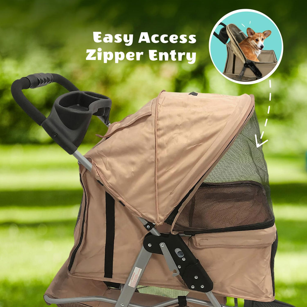 3-Wheel Dog Stroller with Storage Basket and Cup Holders, Tan C46401