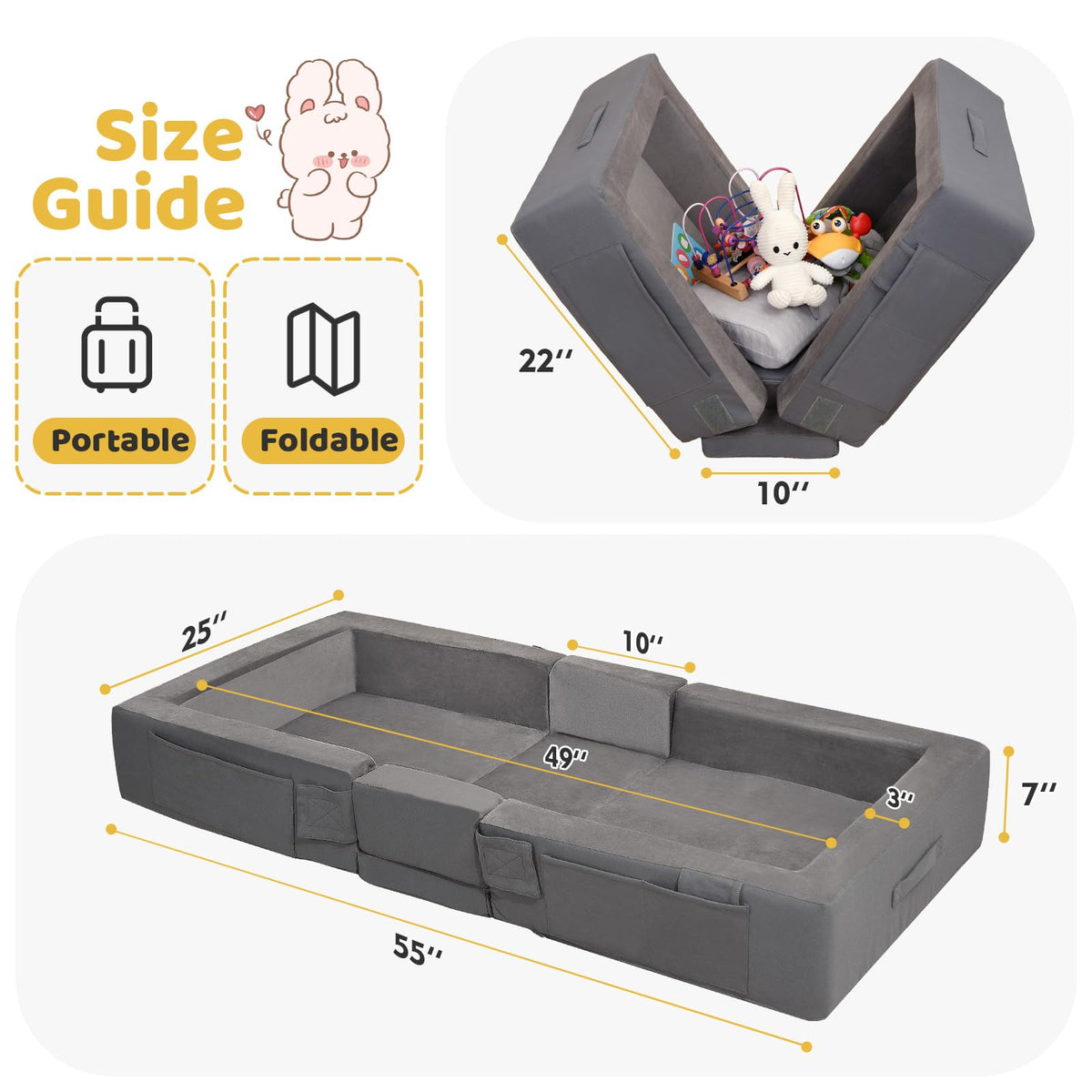 Portable Toddler Travel Bed with Soft Foam Safety Rails M9310