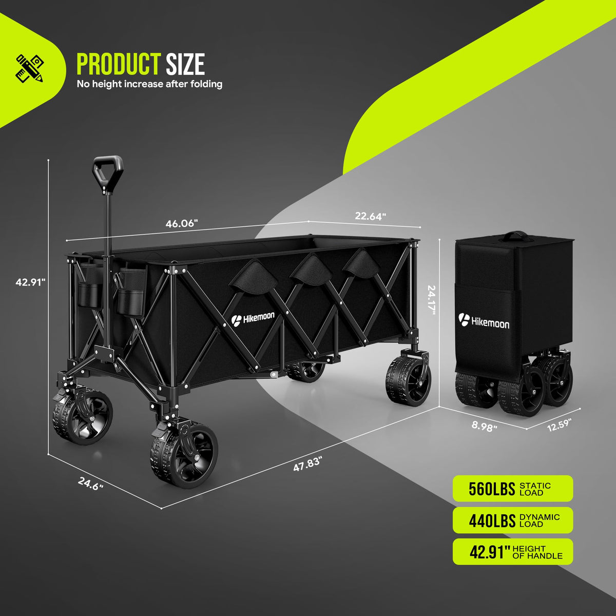 48'' Extra Large Collapsible Wagon with Big Wheels, 300L Black W209666