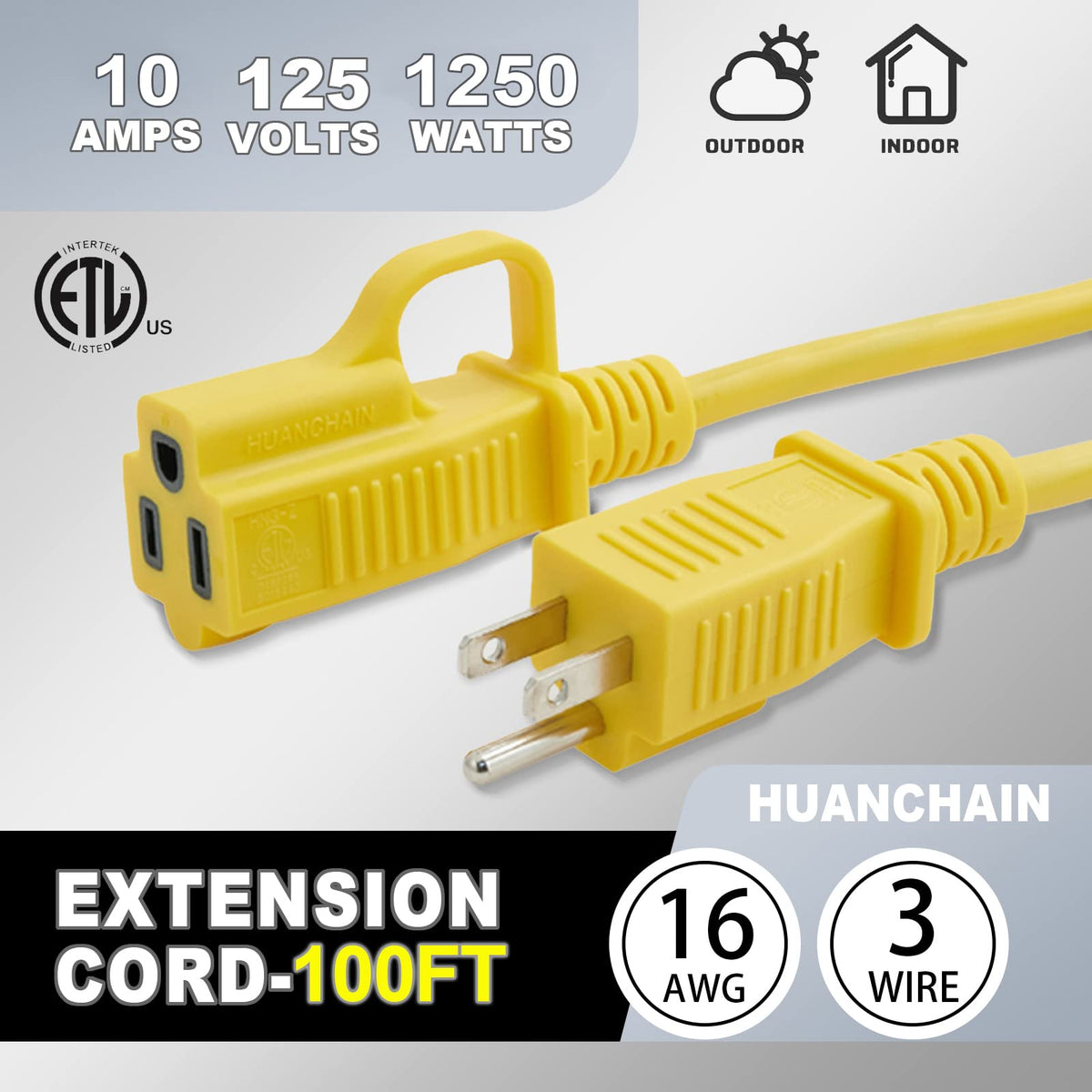 Yellow Indoor Outdoor Extension Cord 100 FT 16/3 Gauge C2171