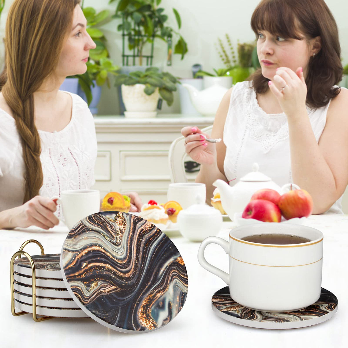 Black and Gold Marble Coasters with Holder G387
