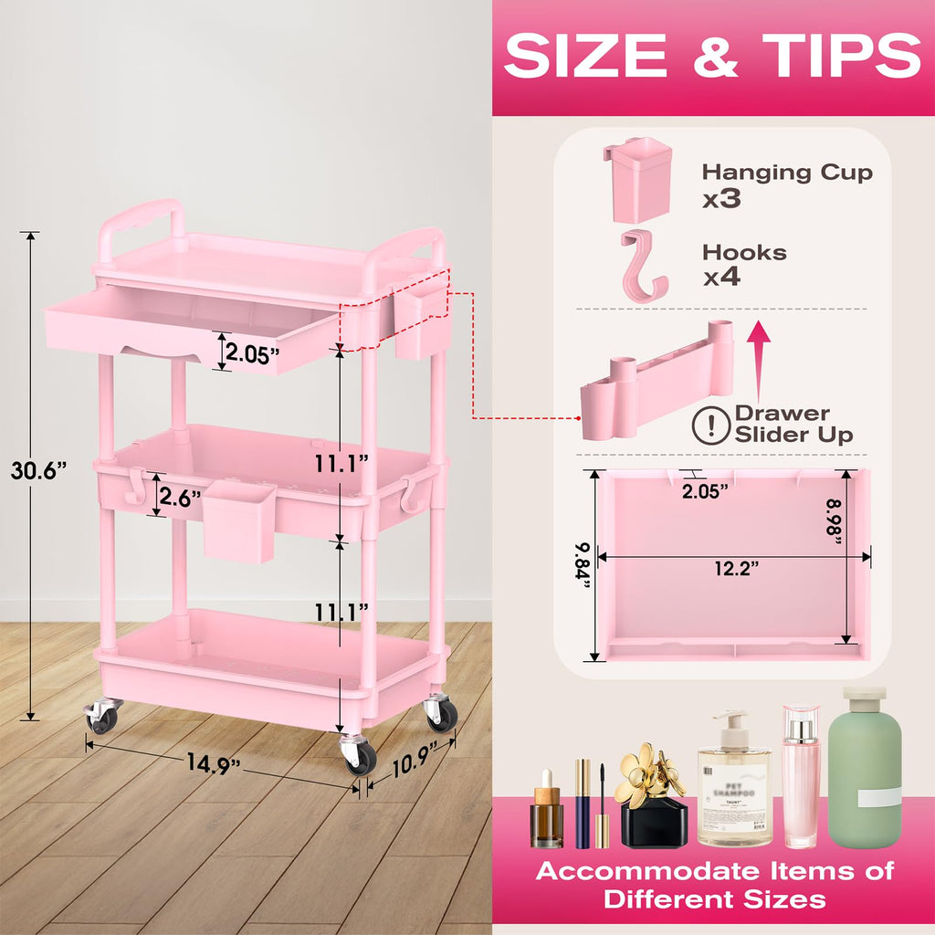 Pink 3 Tier Rolling Makeup Organizer Cart M52657