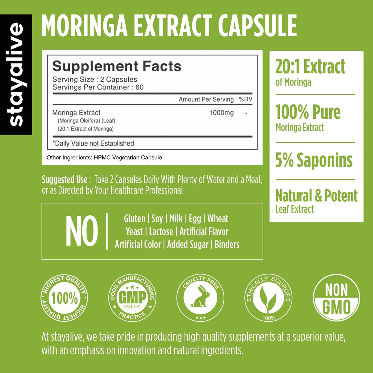 1000mg Moringa Capsules 20:1 Extract 120 Pills K165