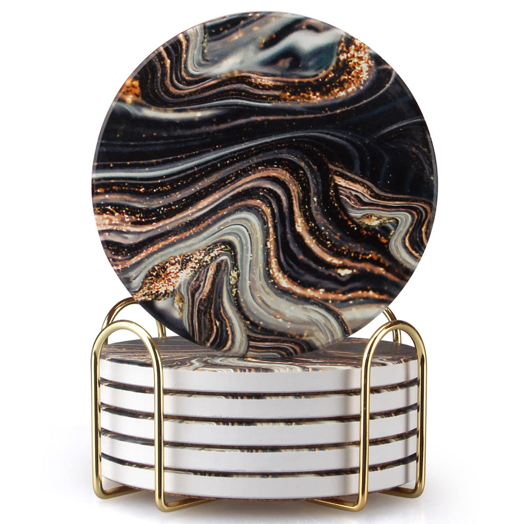 Black and Gold Marble Coasters with Holder G387