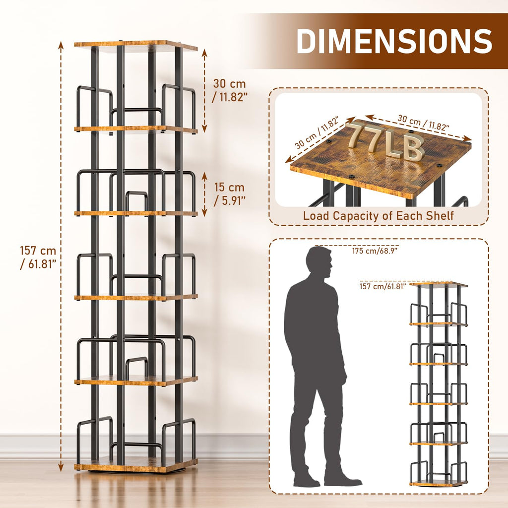 5-Tier Rotating Bookshelf with Metal Guardrails I726640