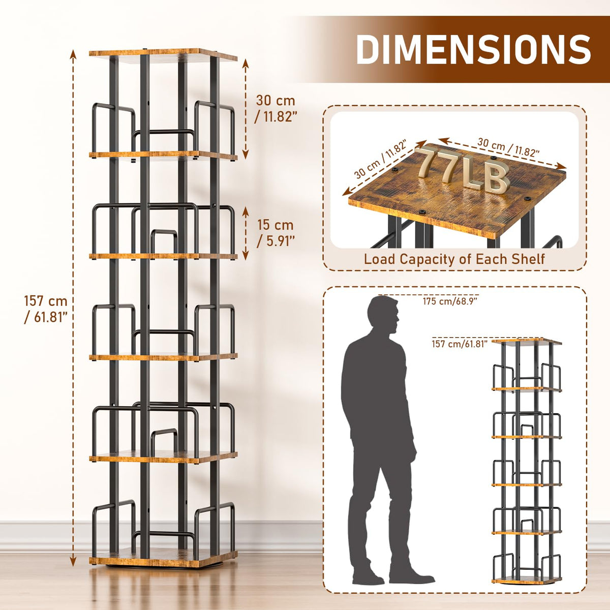 5-Tier Rotating Bookshelf with Metal Guardrails I726640
