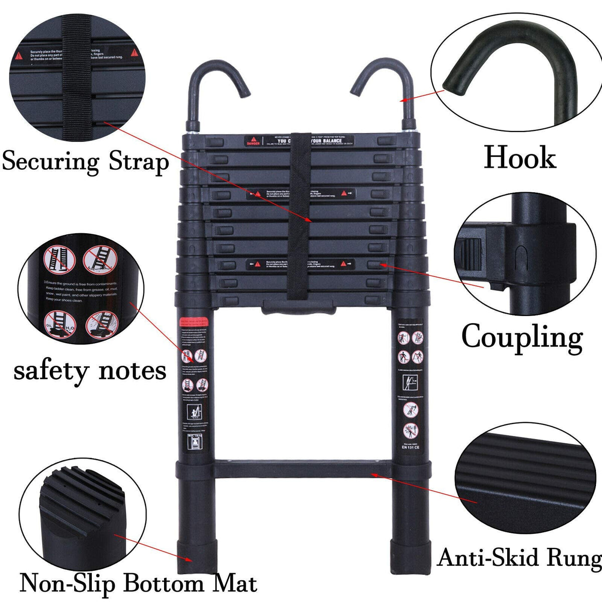 Black 20.3FT Aluminum Telescoping Ladder 330lbs Capacity X7352