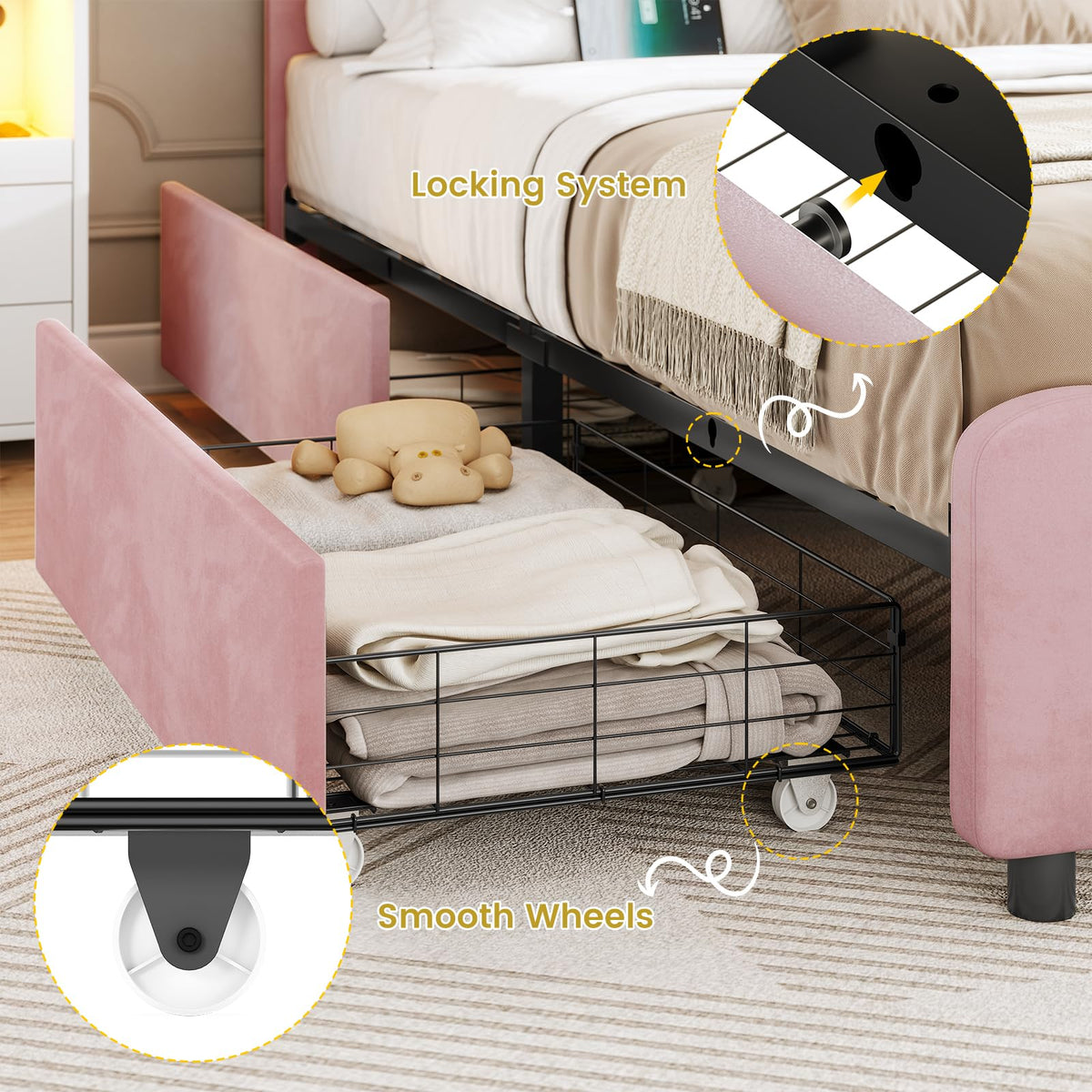 Pink Velvet Upholstered Platform Bed Frame with 4 Storage Drawers O221