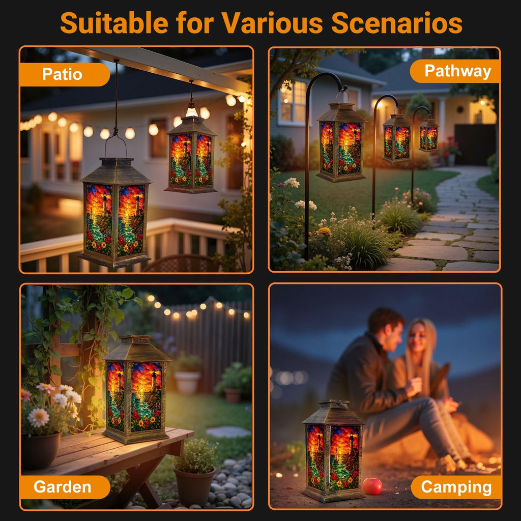 Solar Lantern Outdoor Waterproof Stained Glass Effect LED Hanging Tabletop Lamp I962676