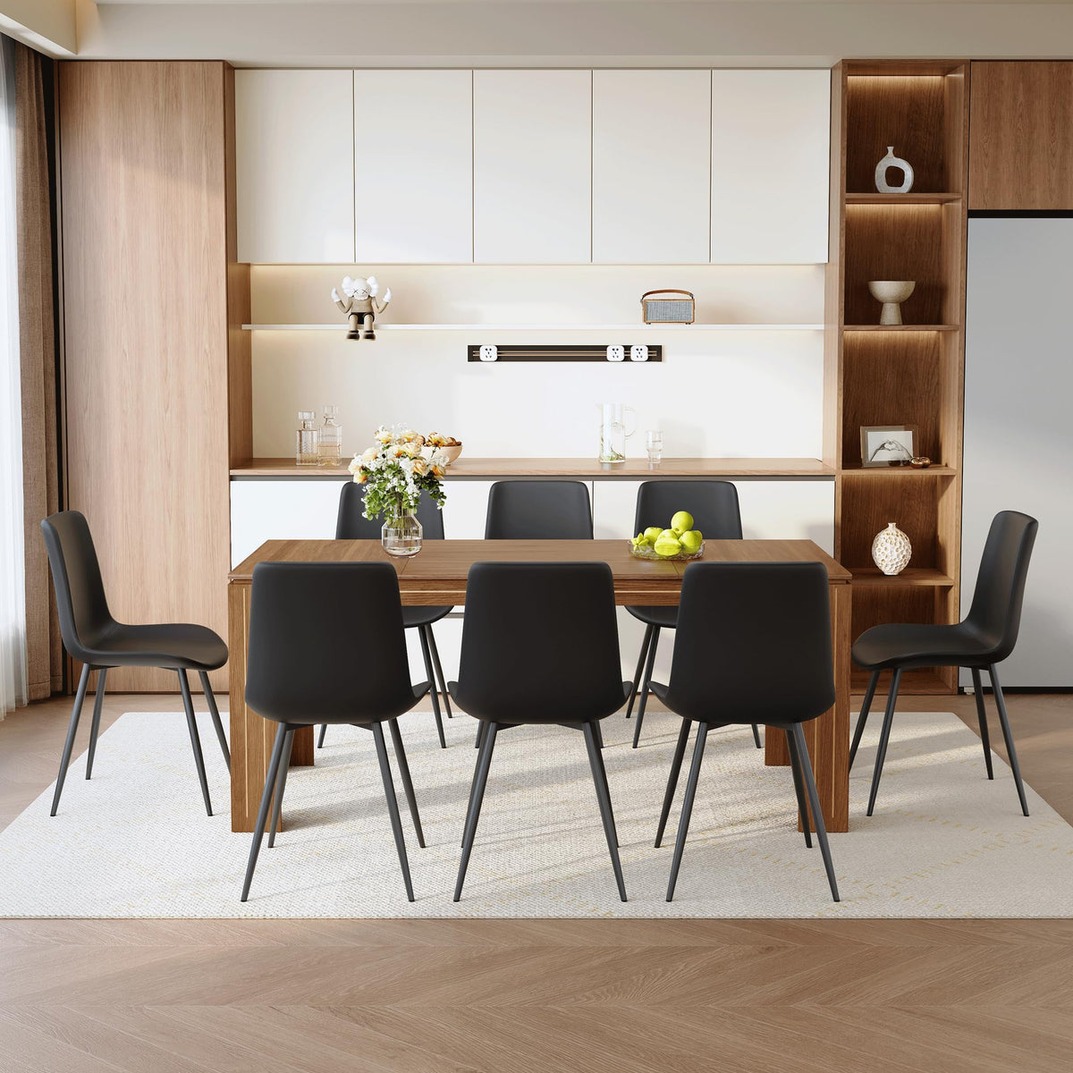 Walnut 9 Piece Dining Table Set with 8 Black Upholstered Chairs M6793