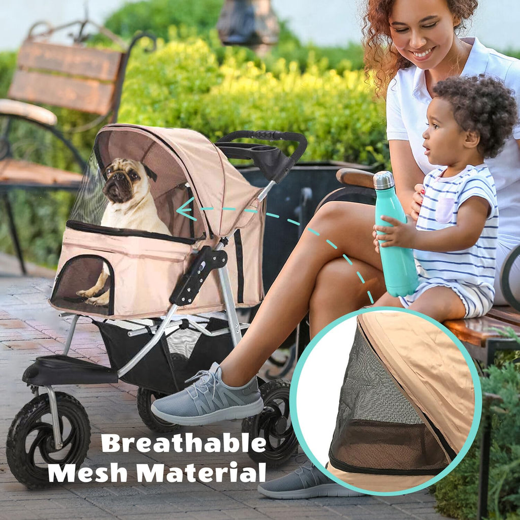 3-Wheel Dog Stroller with Storage Basket and Cup Holders, Tan C46401