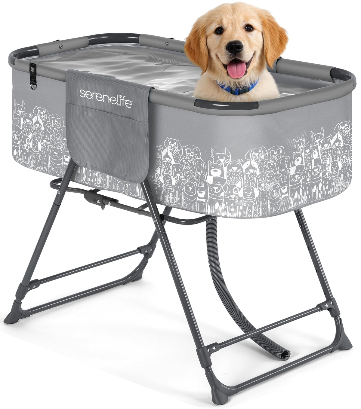 Foldable Dog Bath Tub with Drain Hose, 130 lb Capacity, Gray F20859