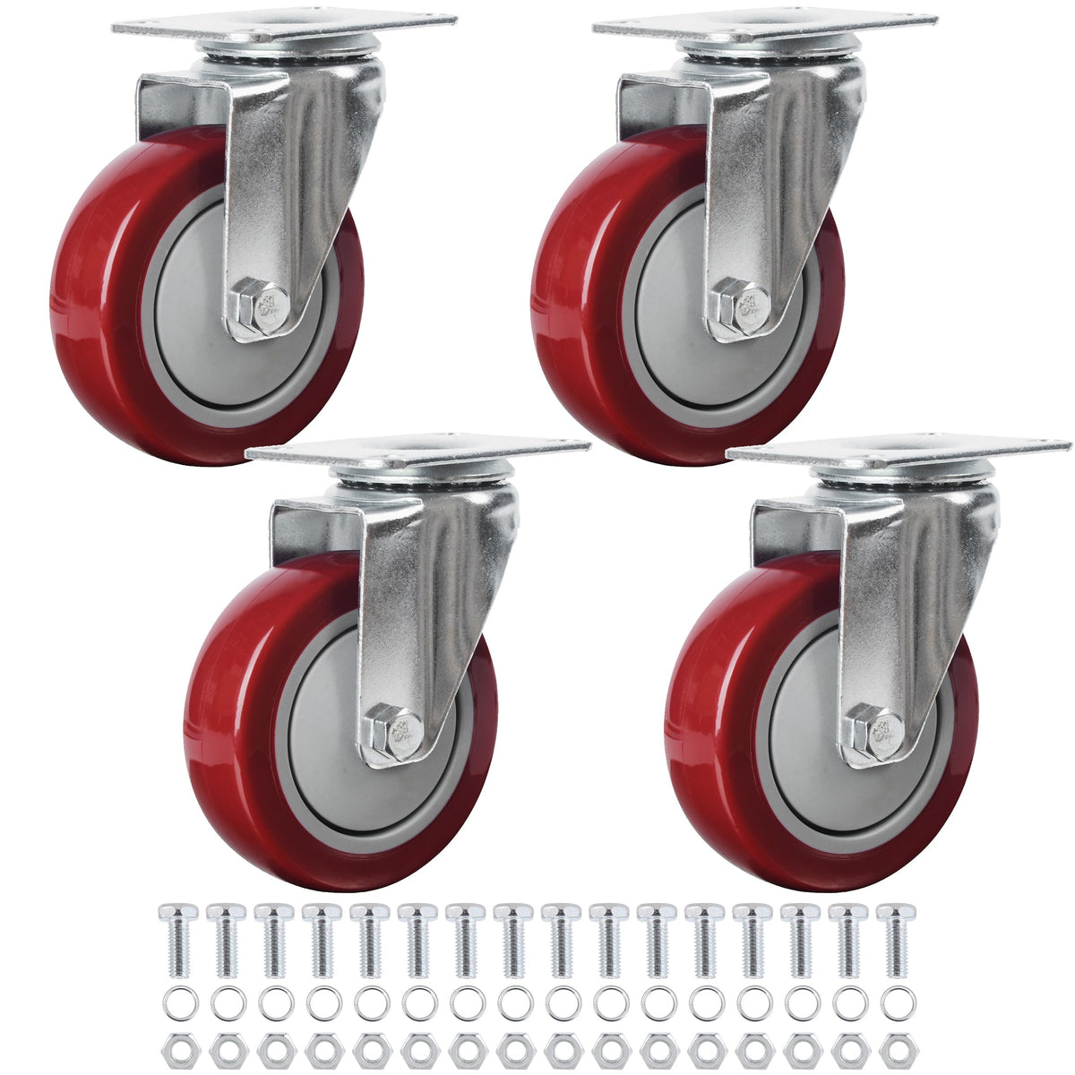 4” Swivel Plate Casters Set of 4 Heavy Duty Polyurethane Wheels Red G747