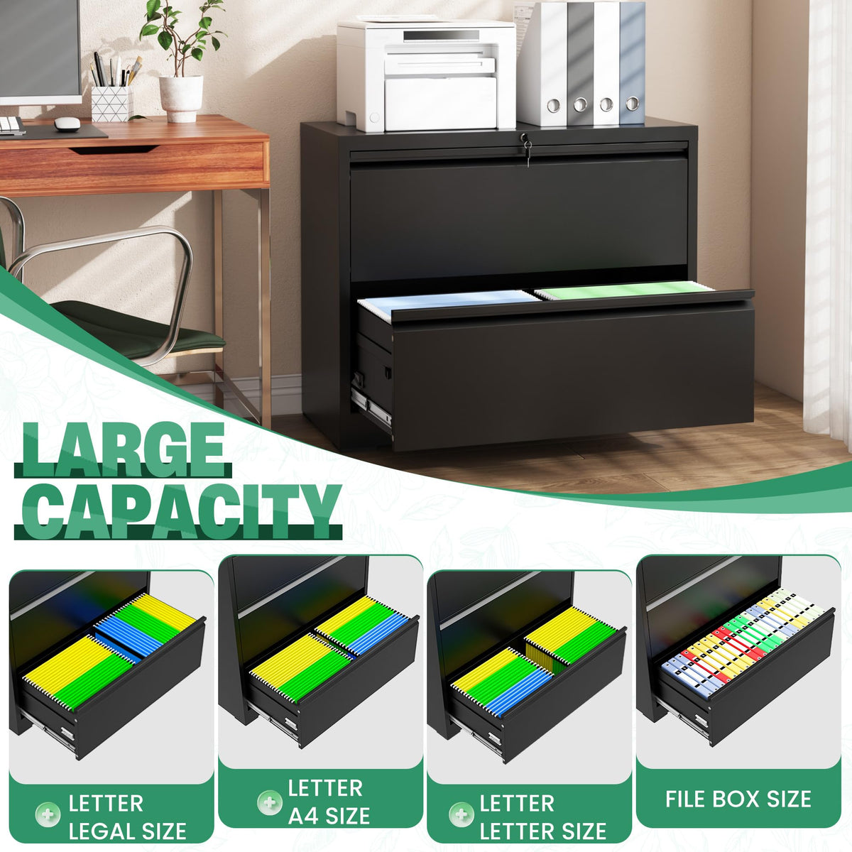 Black 2 Drawer Metal Lateral File Cabinet with Lock U93313
