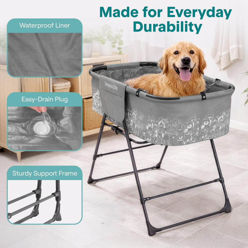 Foldable Dog Bath Tub with Drain Hose, 130 lb Capacity, Gray F20859