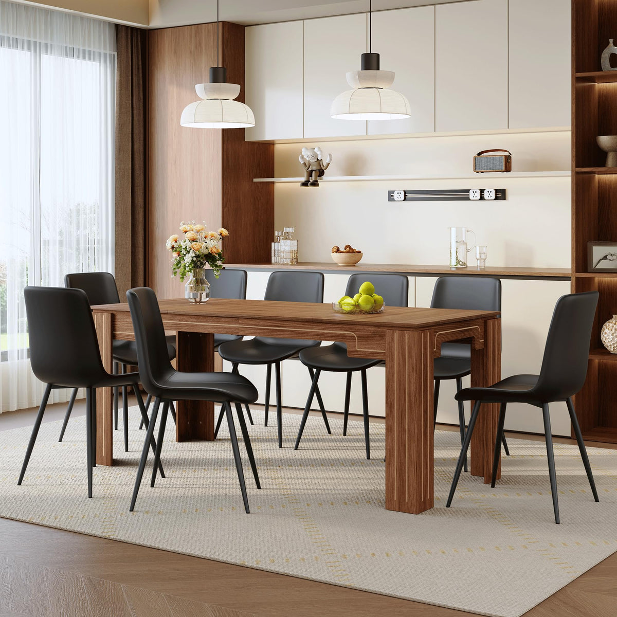 Walnut 9 Piece Dining Table Set with 8 Black Upholstered Chairs M6793