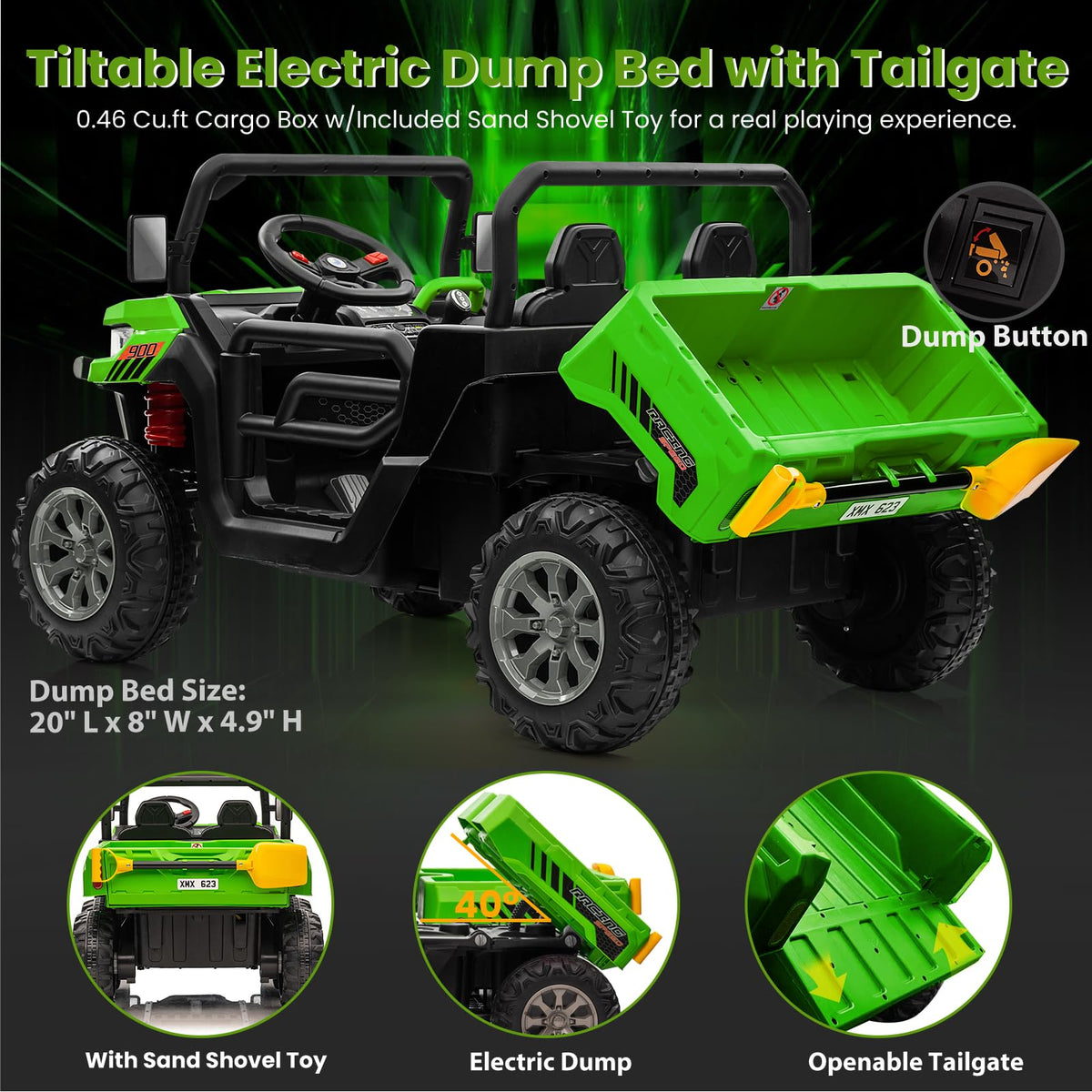 24V 4WD Ride on Truck Car with Dump Bed, 2 Seaters, Remote Control, Green N91680