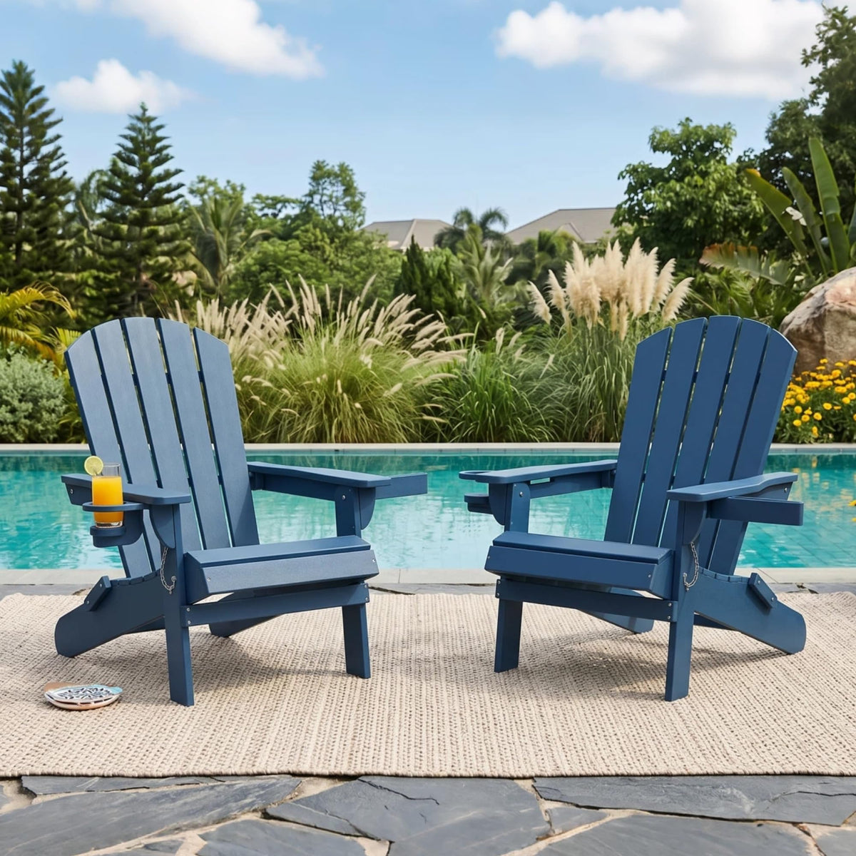 Folding Adirondack Chair Set of 2 with Cup Holder Navy Blue U9213