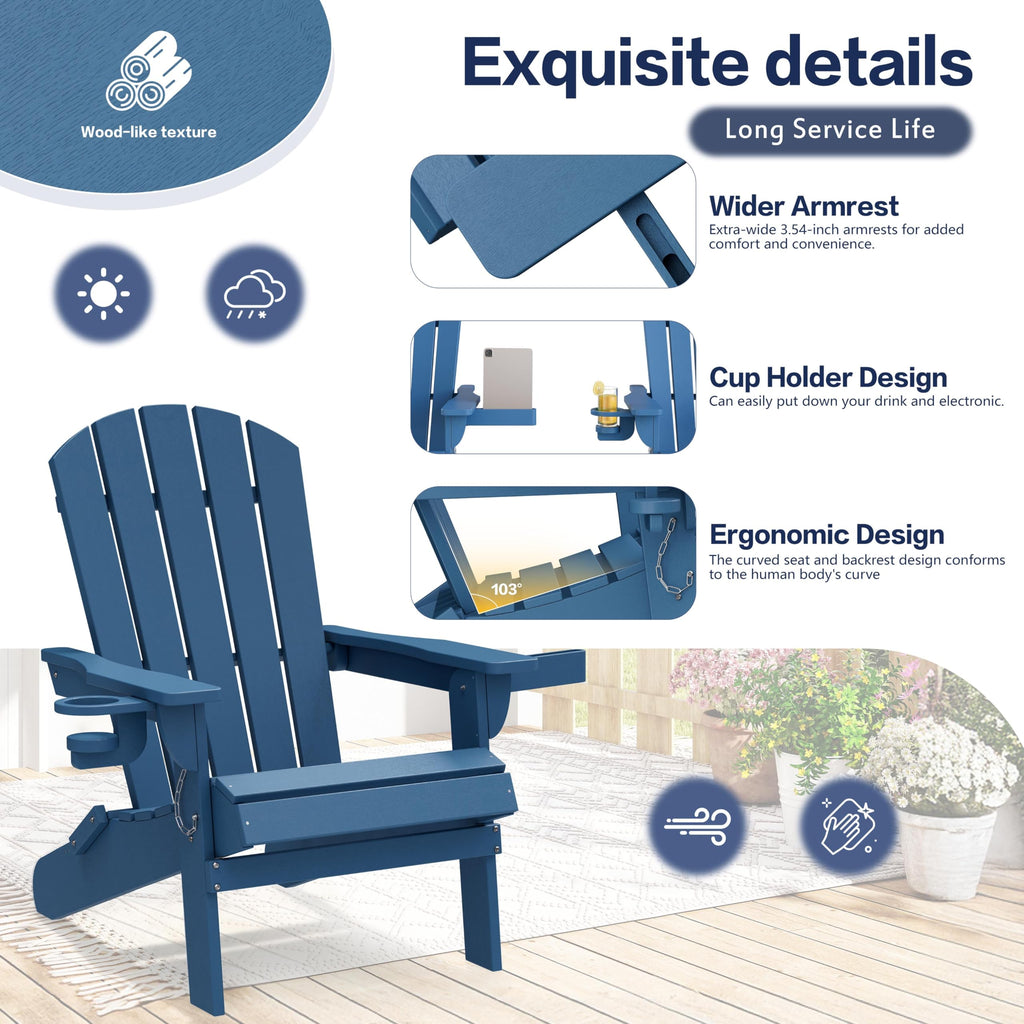 Folding Adirondack Chair Set of 2 with Cup Holder Navy Blue U9213
