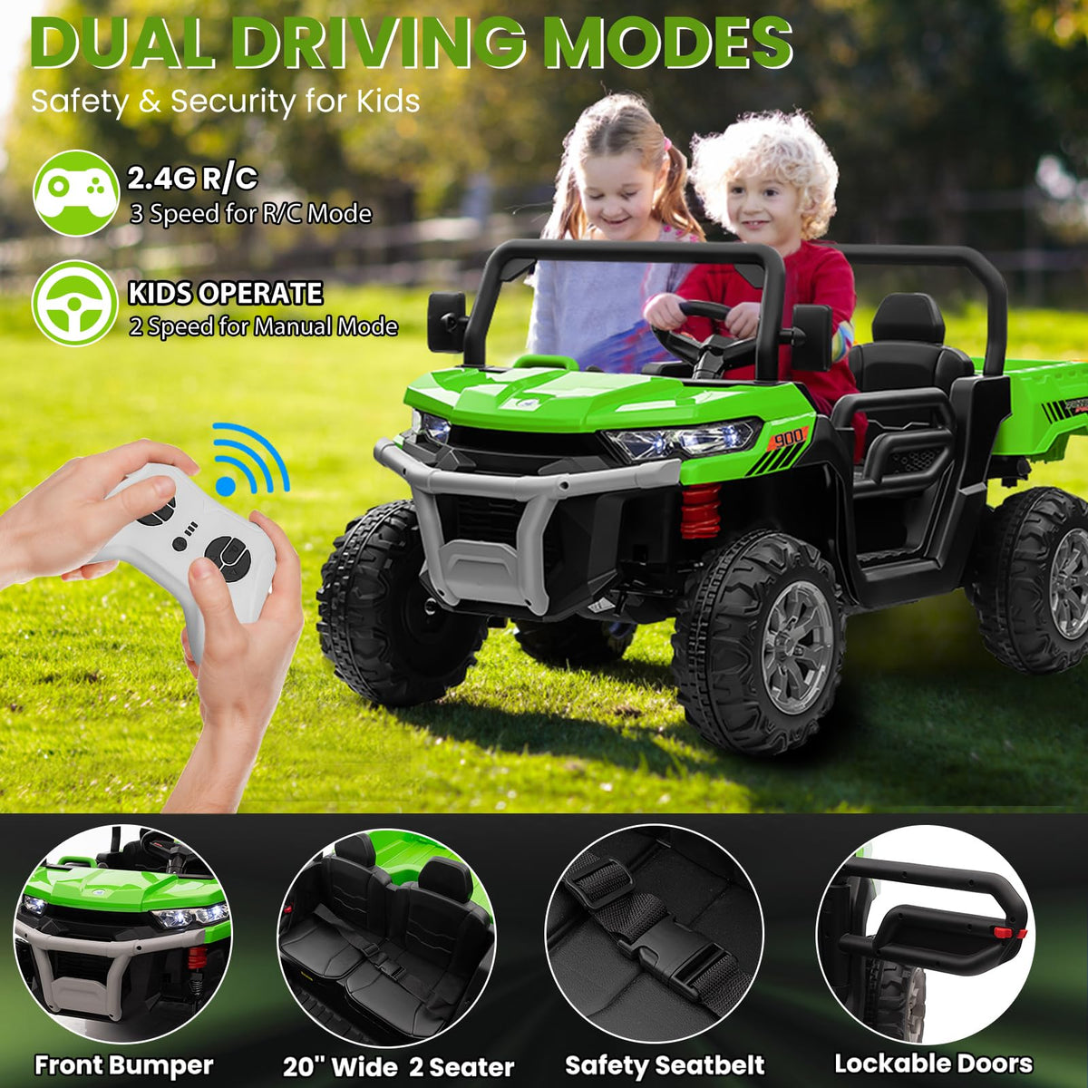24V 4WD Ride on Truck Car with Dump Bed, 2 Seaters, Remote Control, Green N91680