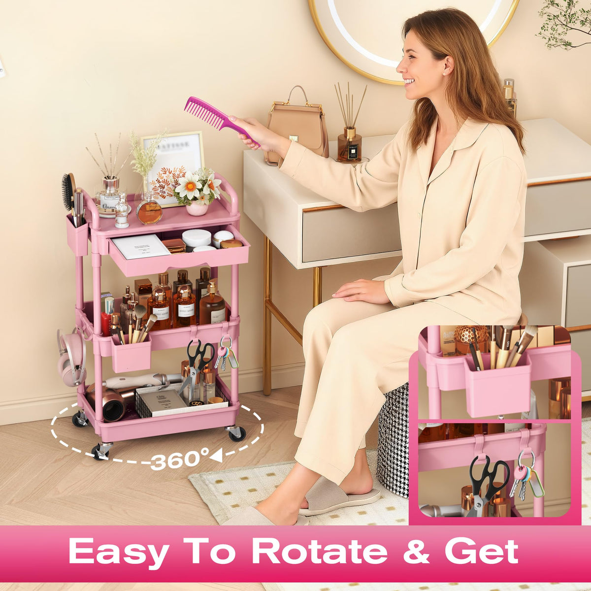 Pink 3 Tier Rolling Makeup Organizer Cart M52657