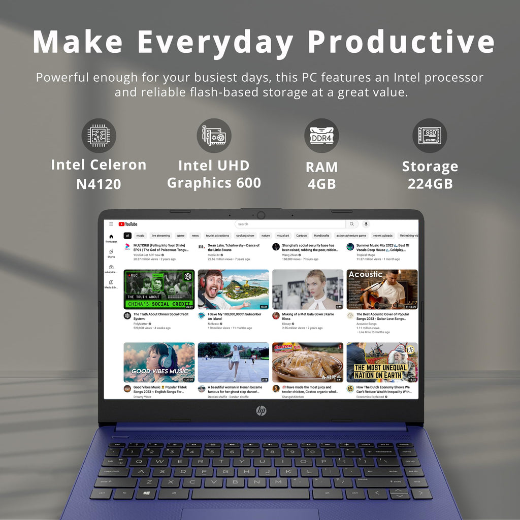 14" HD Laptop Intel Celeron N4120 4GB RAM 224GB Storage Blue C256394