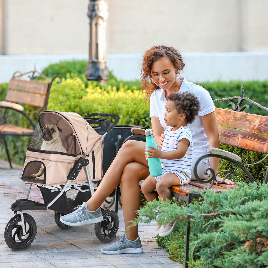 3-Wheel Dog Stroller with Storage Basket and Cup Holders, Tan C46401