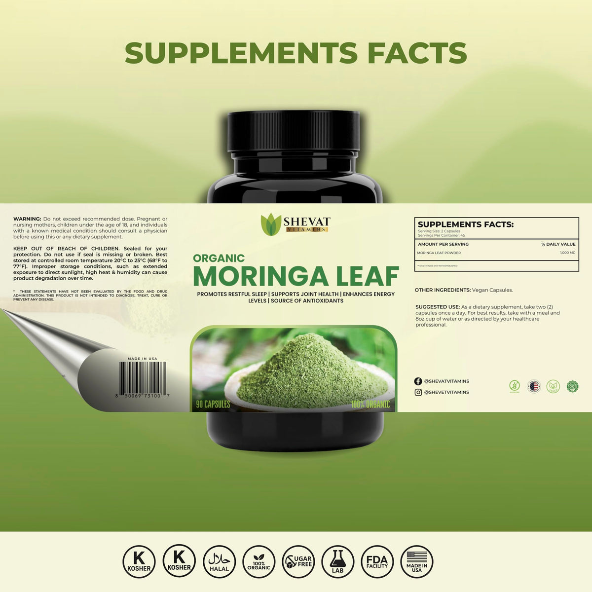 Organic Moringa Leaf Capsules 1000mg 90 Capsules Y714683