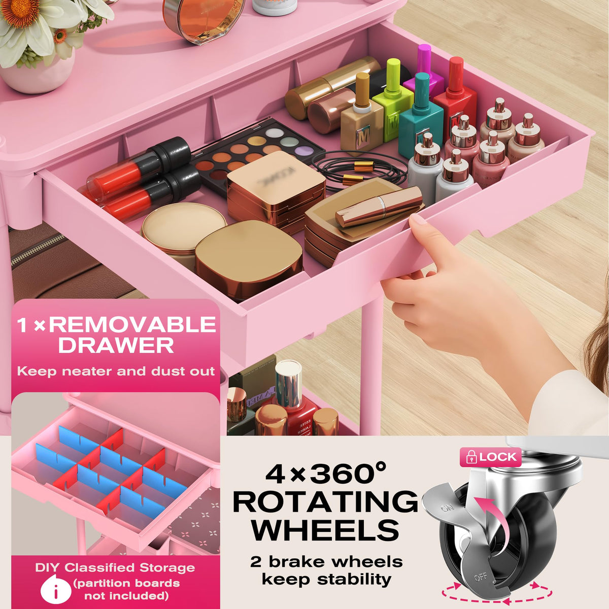 Pink 3 Tier Rolling Makeup Organizer Cart M52657