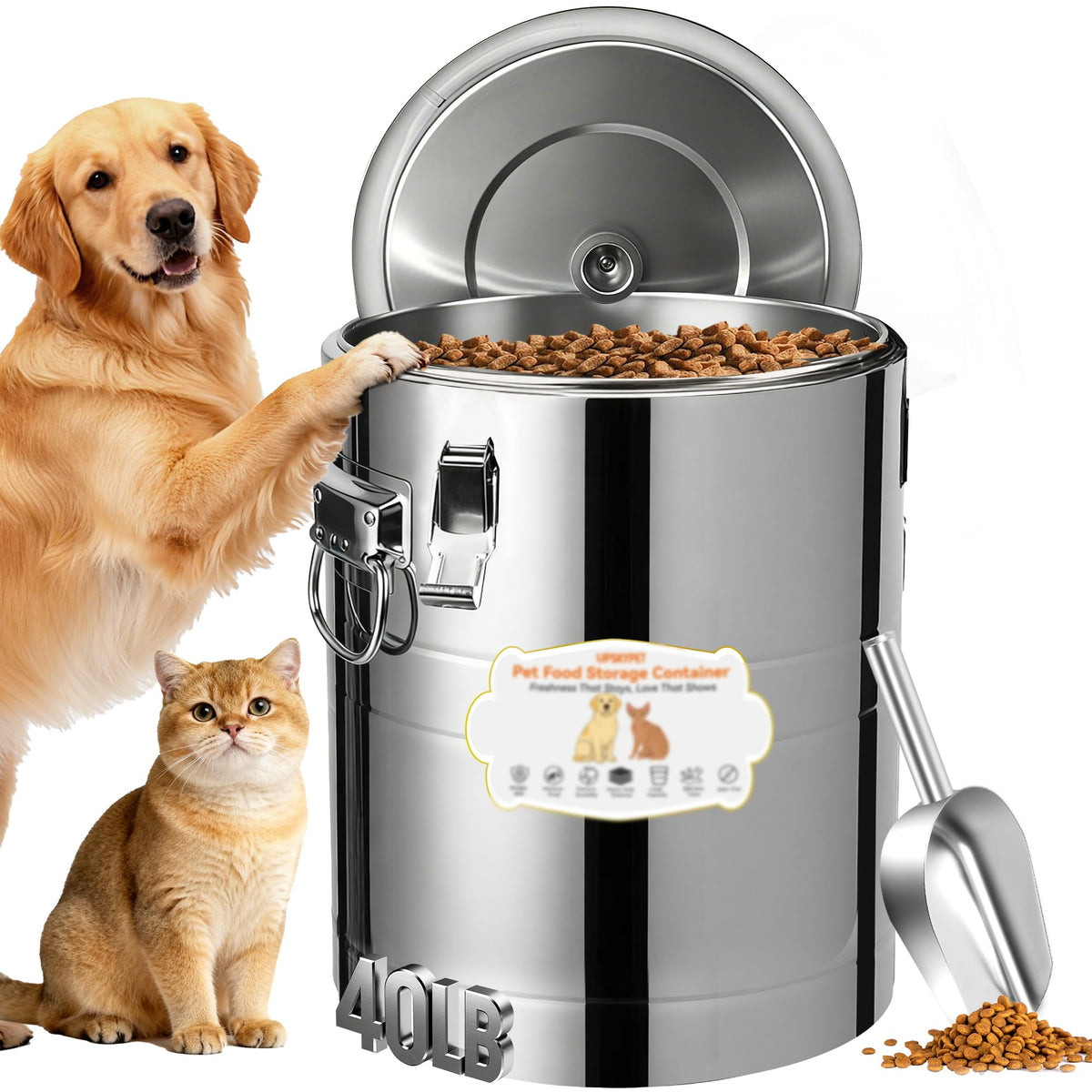 40lb Airtight Stainless Steel Dog Food Storage Container C1565