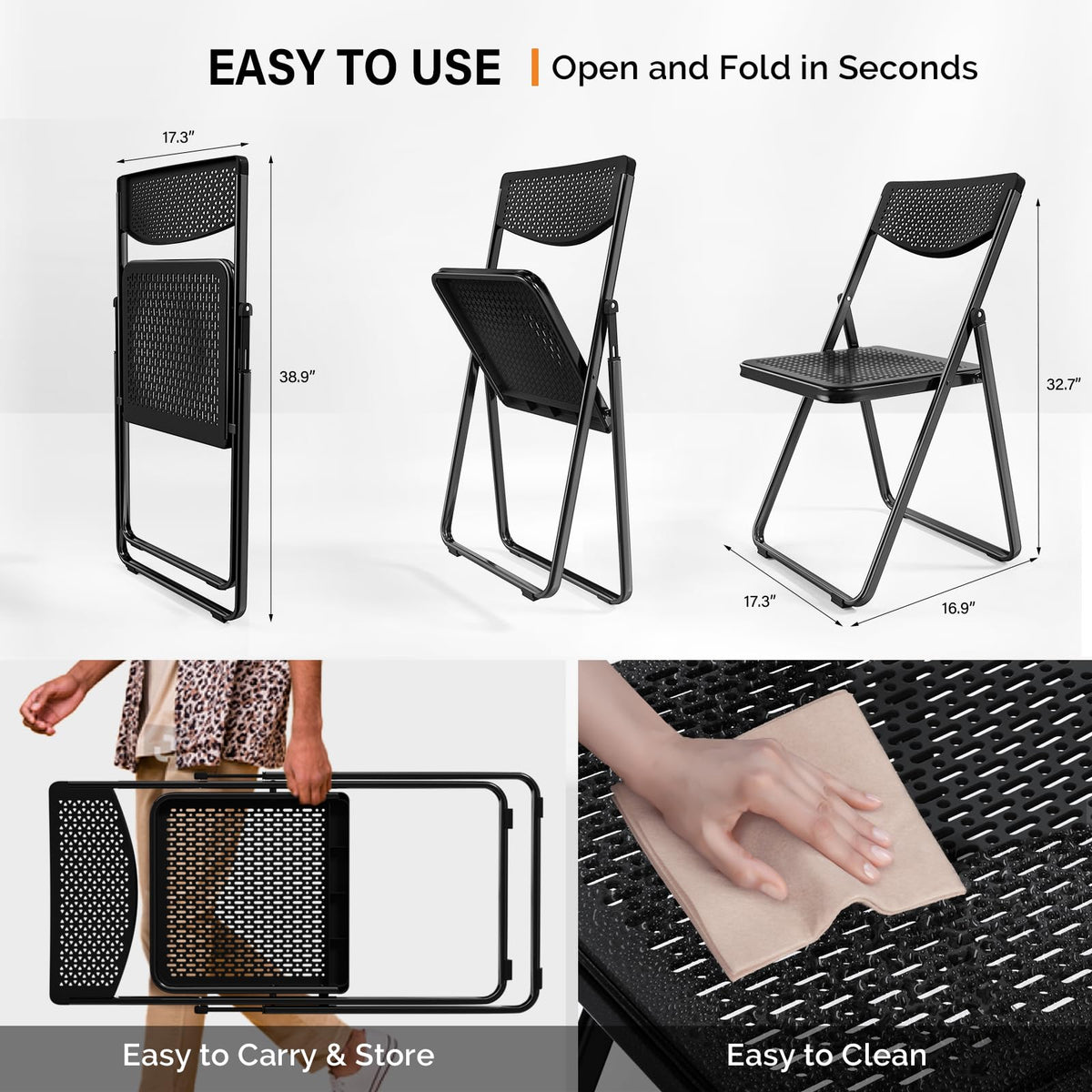 Black Plastic Folding Chairs with Mesh Seat, 10 Pack L39742