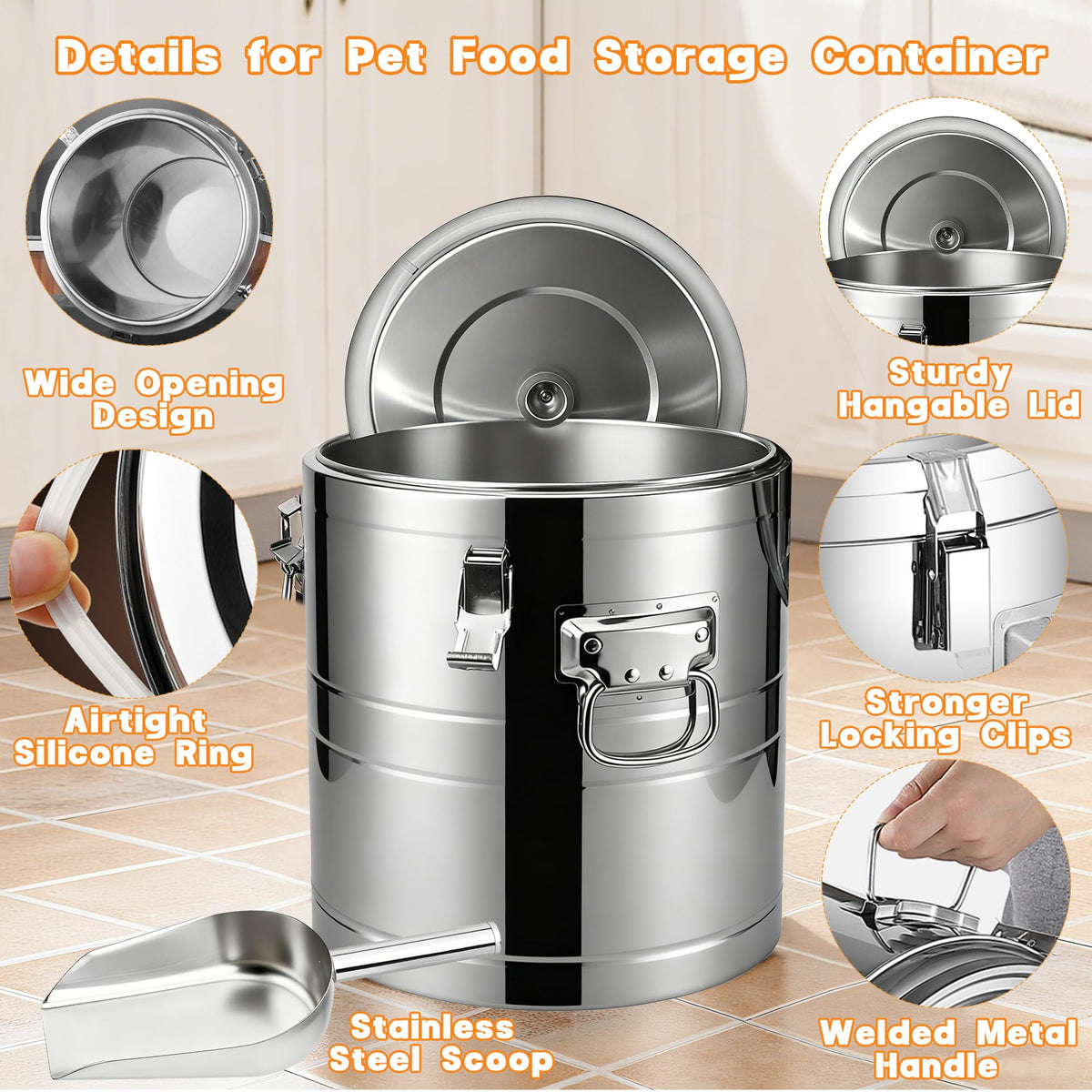 40lb Airtight Stainless Steel Dog Food Storage Container C1565