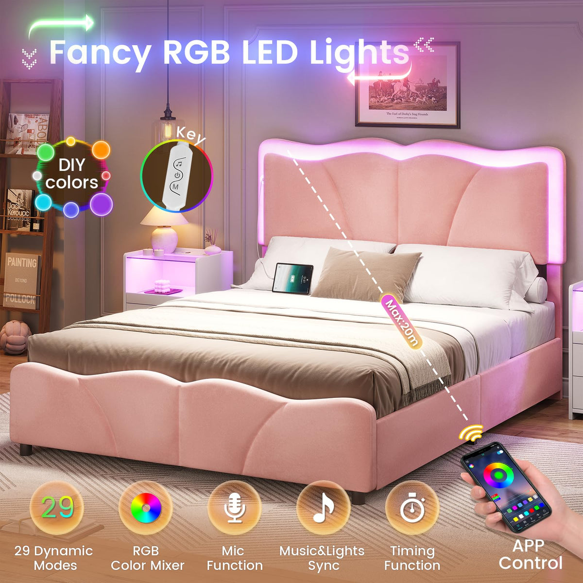 Pink Velvet Upholstered Platform Bed Frame with 4 Storage Drawers O221
