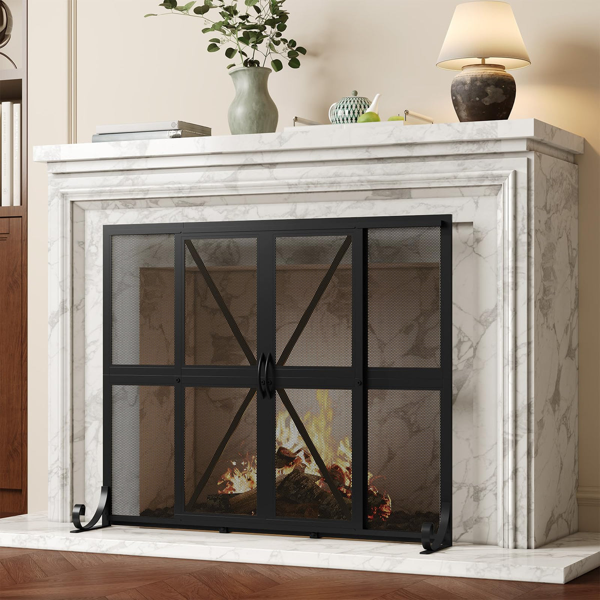 Black Wrought Iron Mesh Fireplace Screen with Sliding Doors O85635