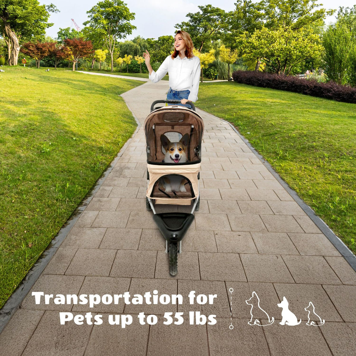 3-Wheel Dog Stroller with Storage Basket and Cup Holders, Tan C46401
