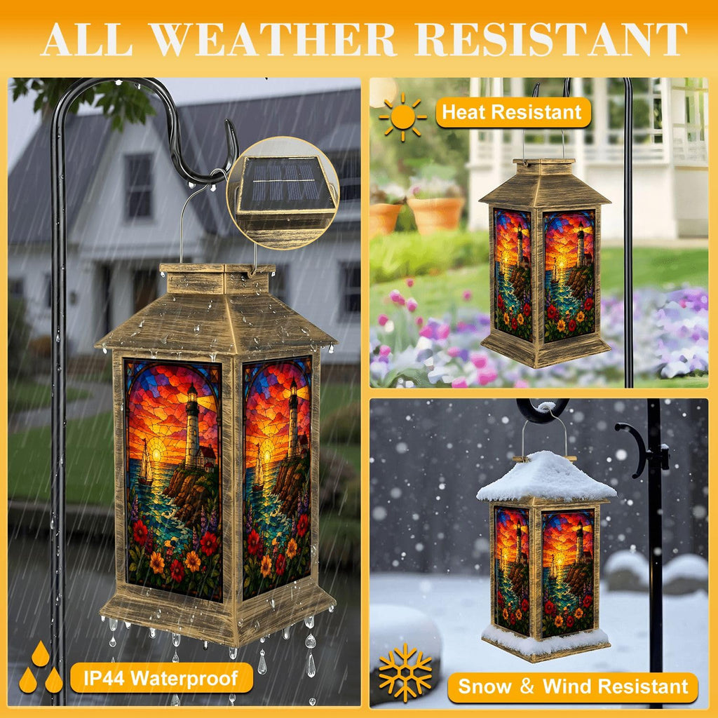 Solar Lantern Outdoor Waterproof Stained Glass Effect LED Hanging Tabletop Lamp I962676