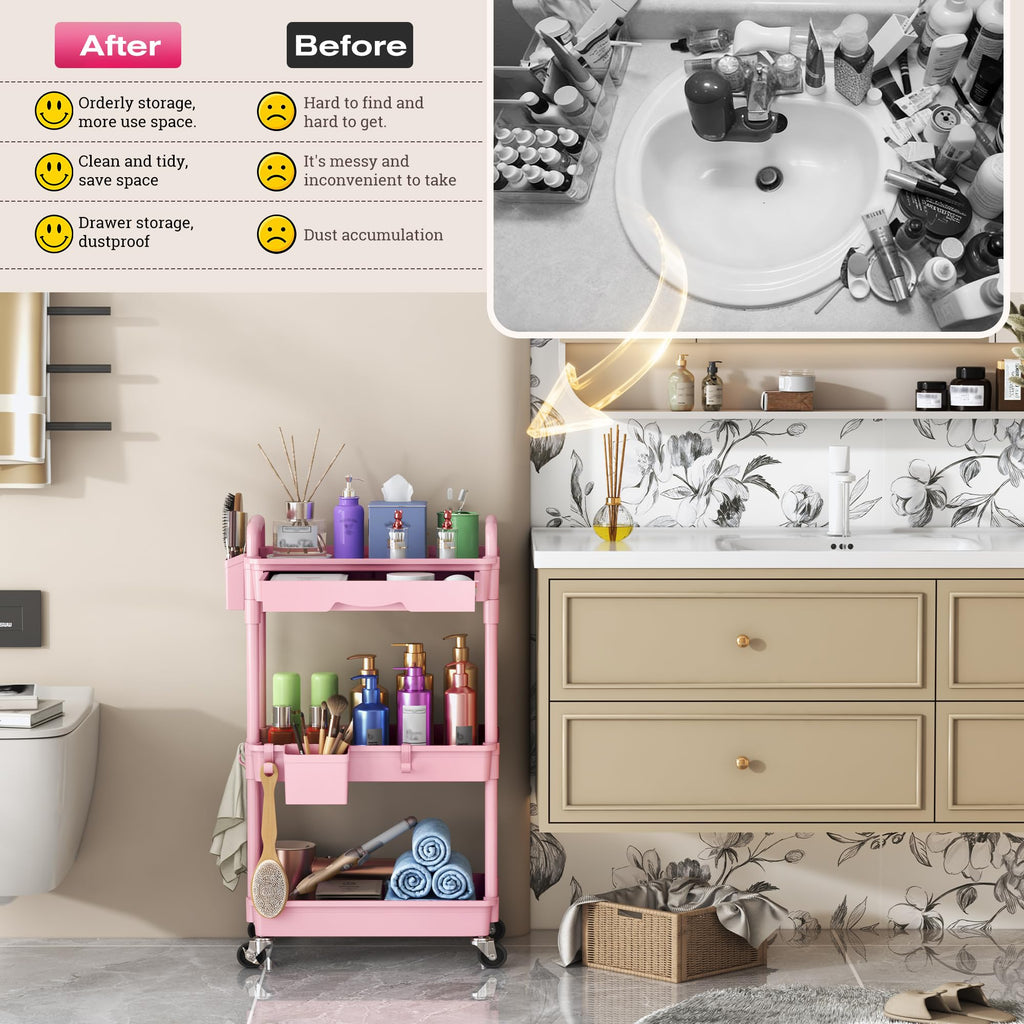 Pink 3 Tier Rolling Makeup Organizer Cart M52657