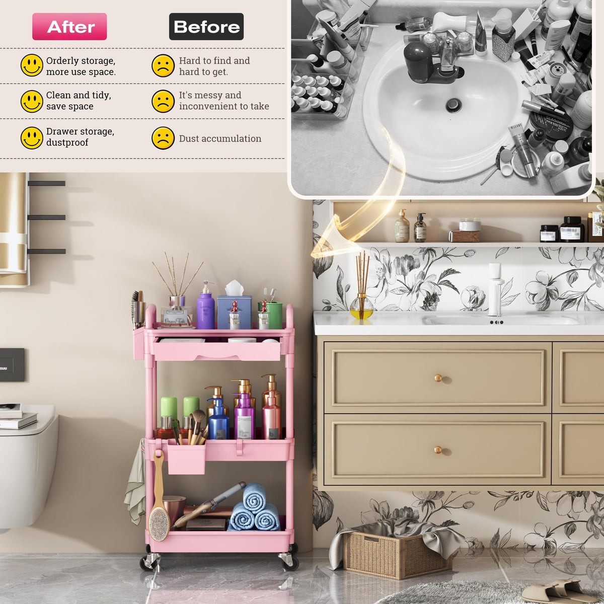 Pink 3 Tier Rolling Makeup Organizer Cart M52657