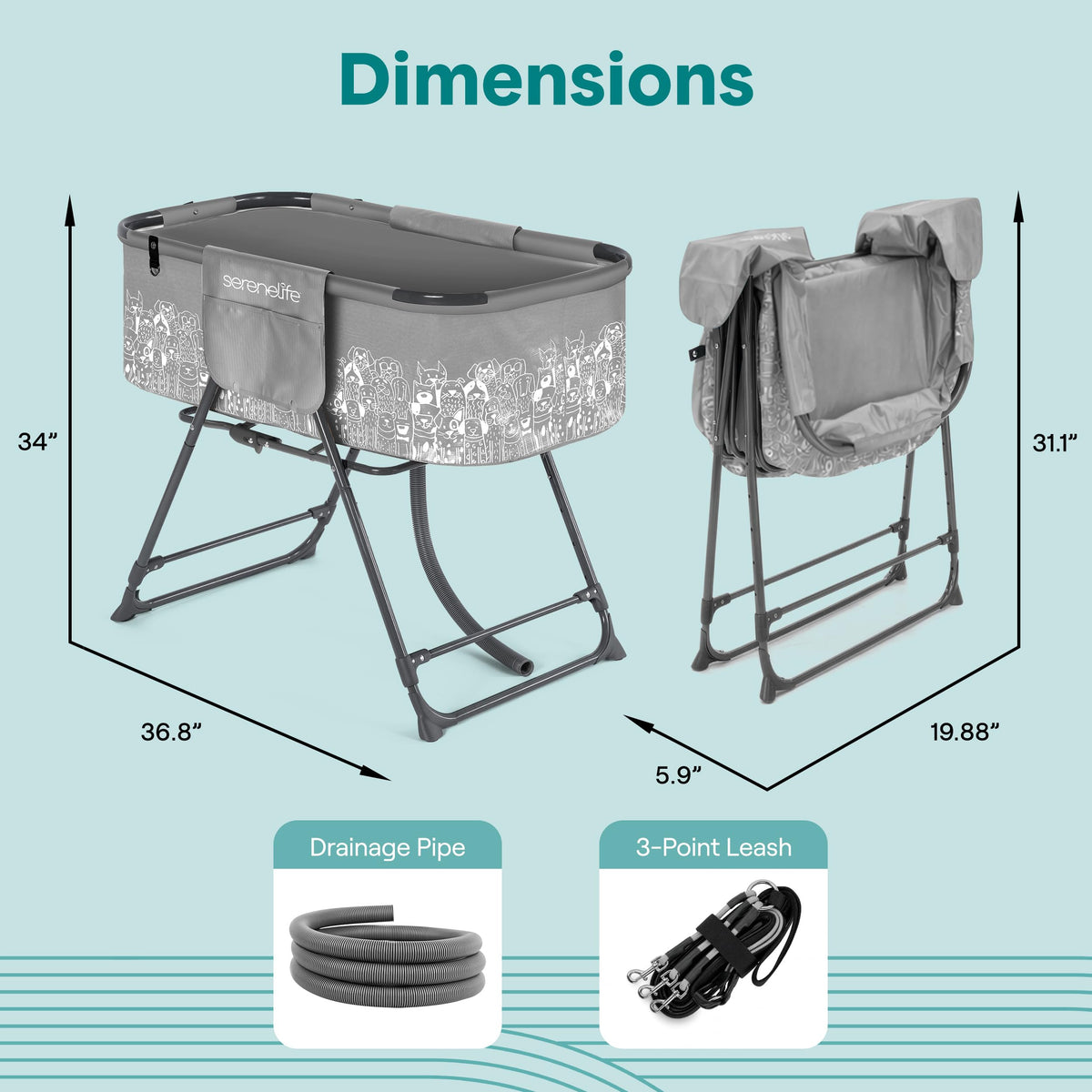 Foldable Dog Bath Tub with Drain Hose, 130 lb Capacity, Gray F20859