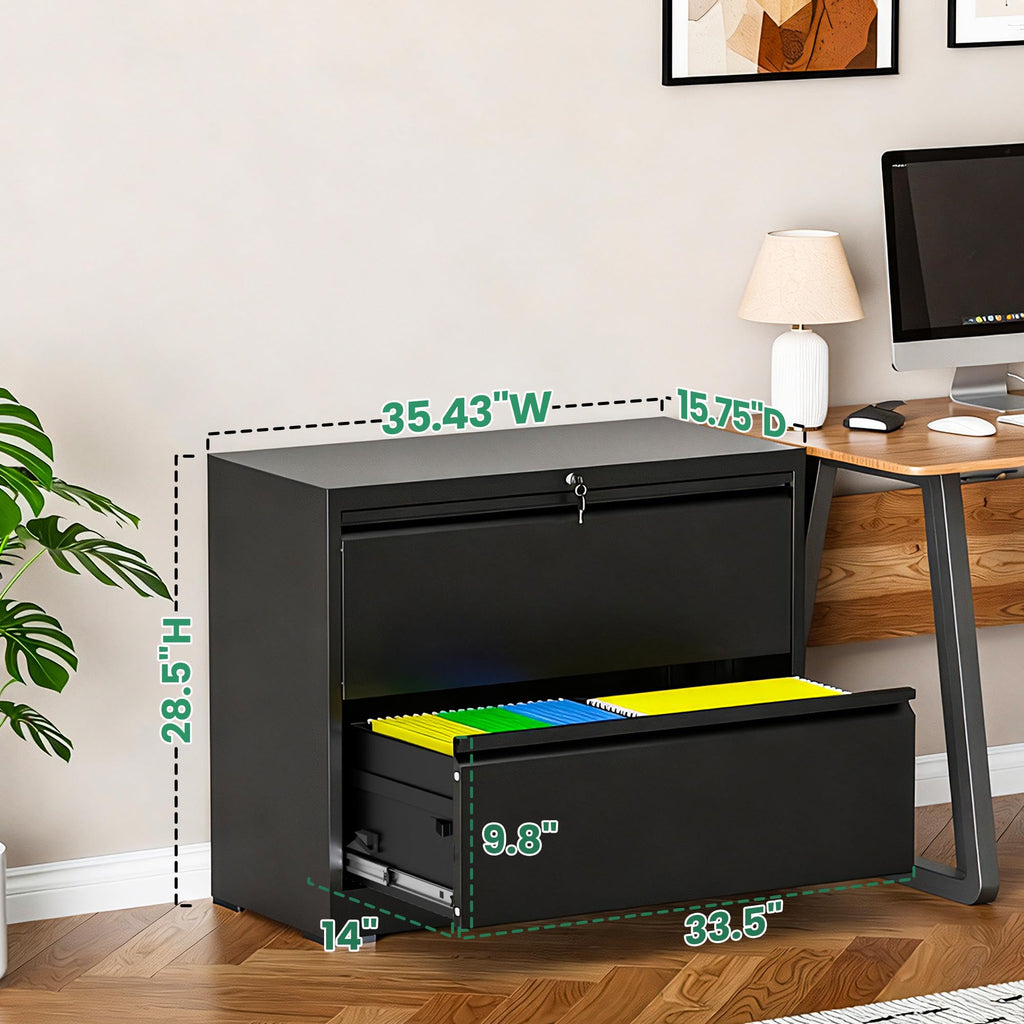 Black 2 Drawer Metal Lateral File Cabinet with Lock U93313